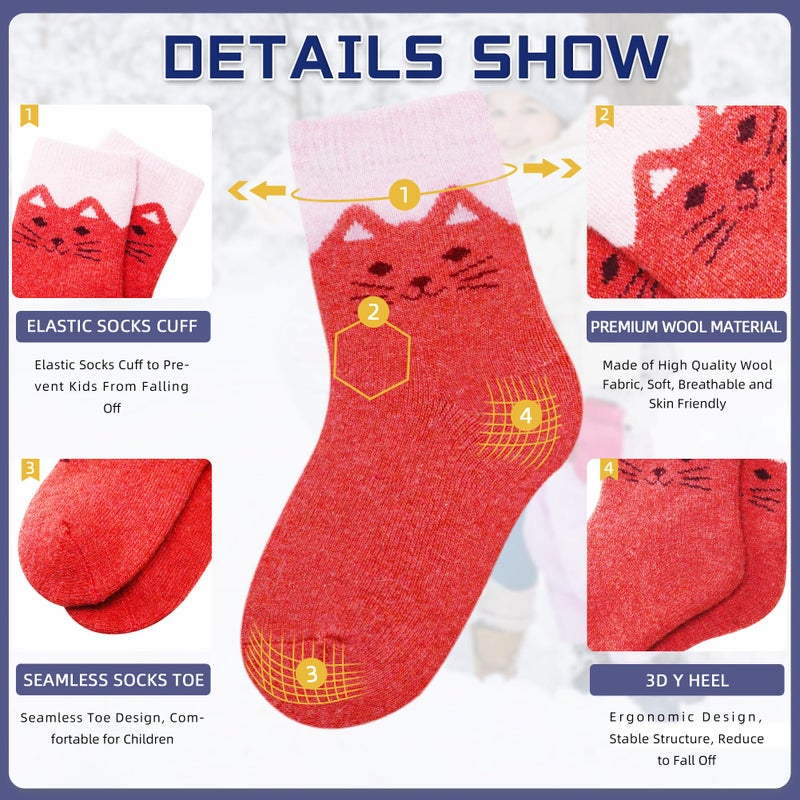 Eocom 6 Pairs Children's Winter Warm Wool Socks Kids Toddlers Boys Girls Thermal Thick Boot Cozy Crew Socks (4-7 Years, Cat) - Image 4